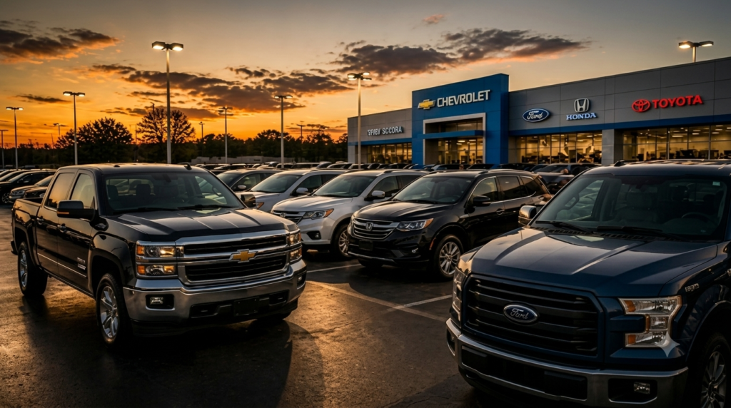 Dealership marketing strategy featuring Chevrolet, Ford, Honda, and Toyota trucks and SUVs displayed outside a car dealership at sunset.