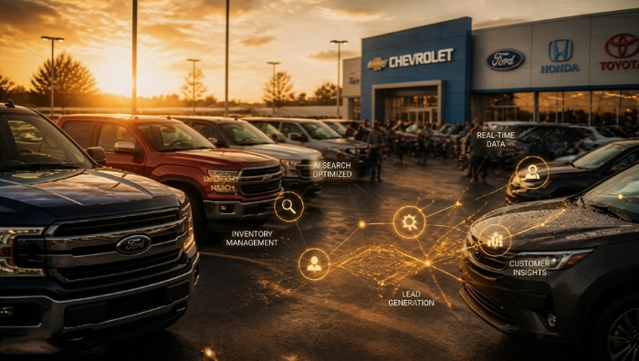 AI SEO for car dealerships illustrated with connected data, inventory management, lead generation, and customer insights across a dealership lot.