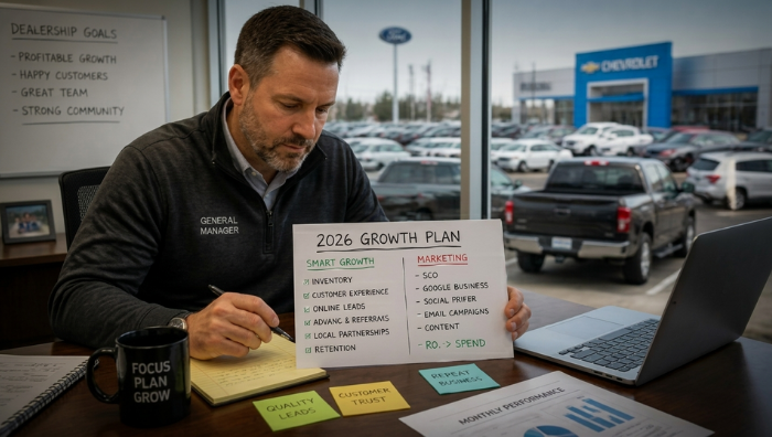 Dealership growth strategy planning with a general manager reviewing a 2026 marketing plan inside a car dealership office.