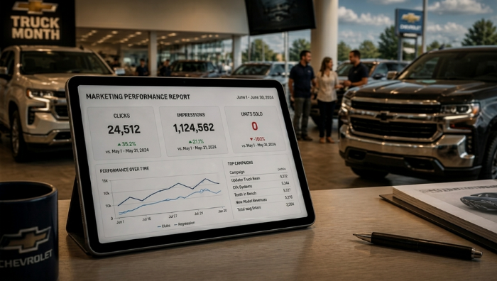 Tablet displaying a dealership marketing performance report inside a Chevrolet showroom with trucks and sales staff in the background.