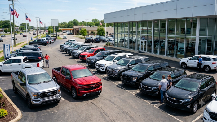 Video marketing for car dealerships featuring a busy dealership lot with new trucks and SUVs on display.