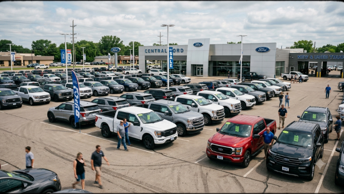 Ford dealership lot filled with new and used vehicles as customers browse cars and trucks, illustrating digital retargeting strategies for automotive dealerships.